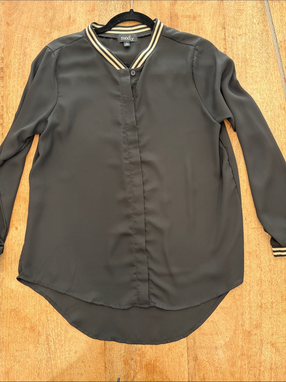 Mod X Womens M Black High Low Tunic Blouse Striped Varsity Trim Long Sleeve